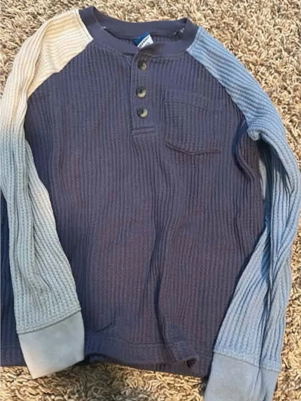 Old Navy Navy Henley Tee with Light Blue and Cream Raglan Sleeves